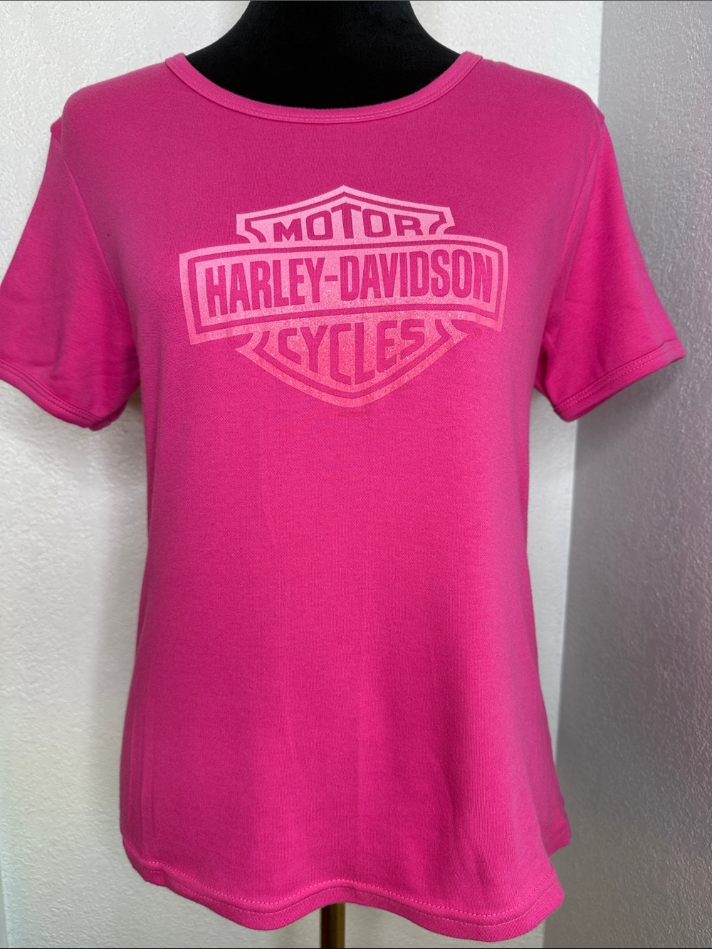 Harley-Davidson Pink Glitter Logo Short Sleeve Tee Shirt McBling Biker Babe Y2K